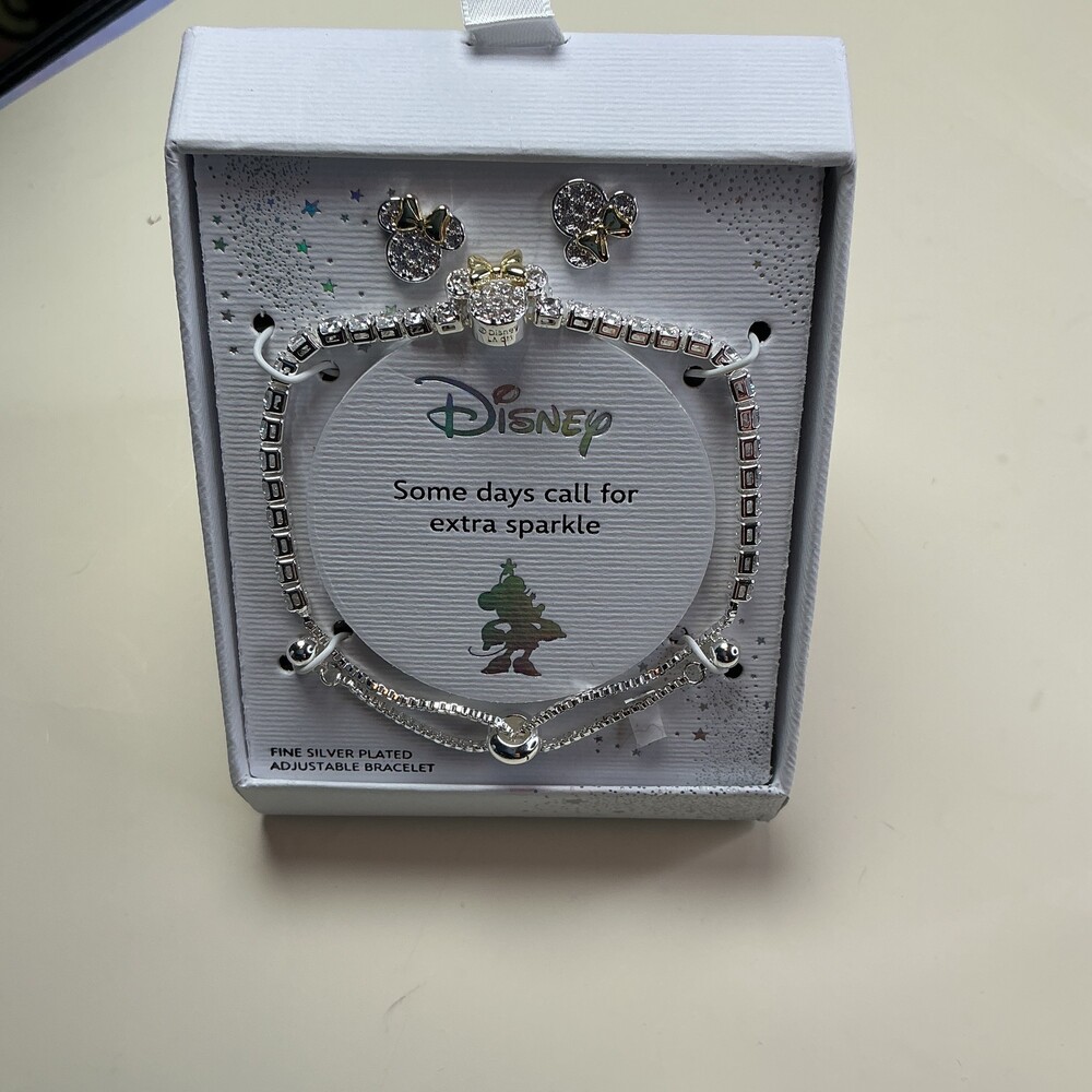 ★ Disney Minnie Mouse Crystal Earrings Bracelet Set Silver Plated Boxed